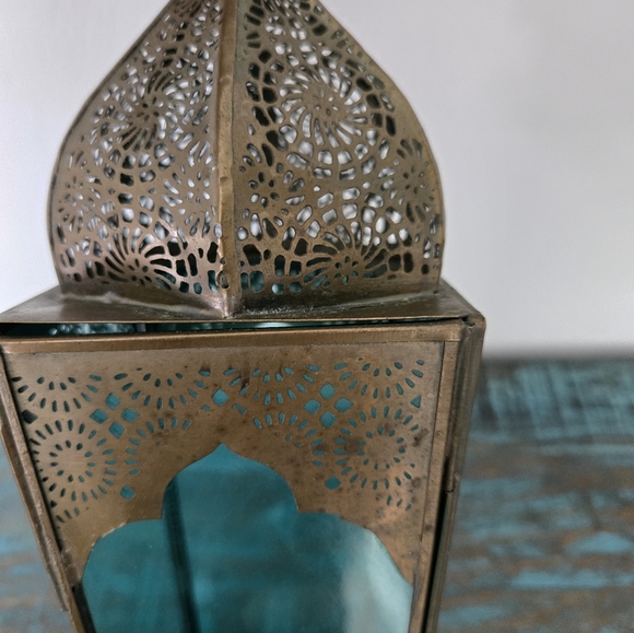 Moroccan Lantern Brass & Blue Glass Candle Holder Lamp - Picture 4 of 11